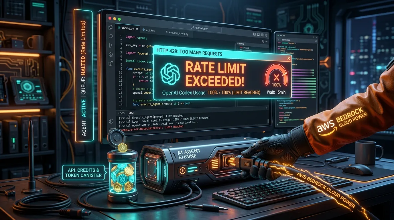 Codex weekly quota reached illustration with emergency AWS Bedrock and credits