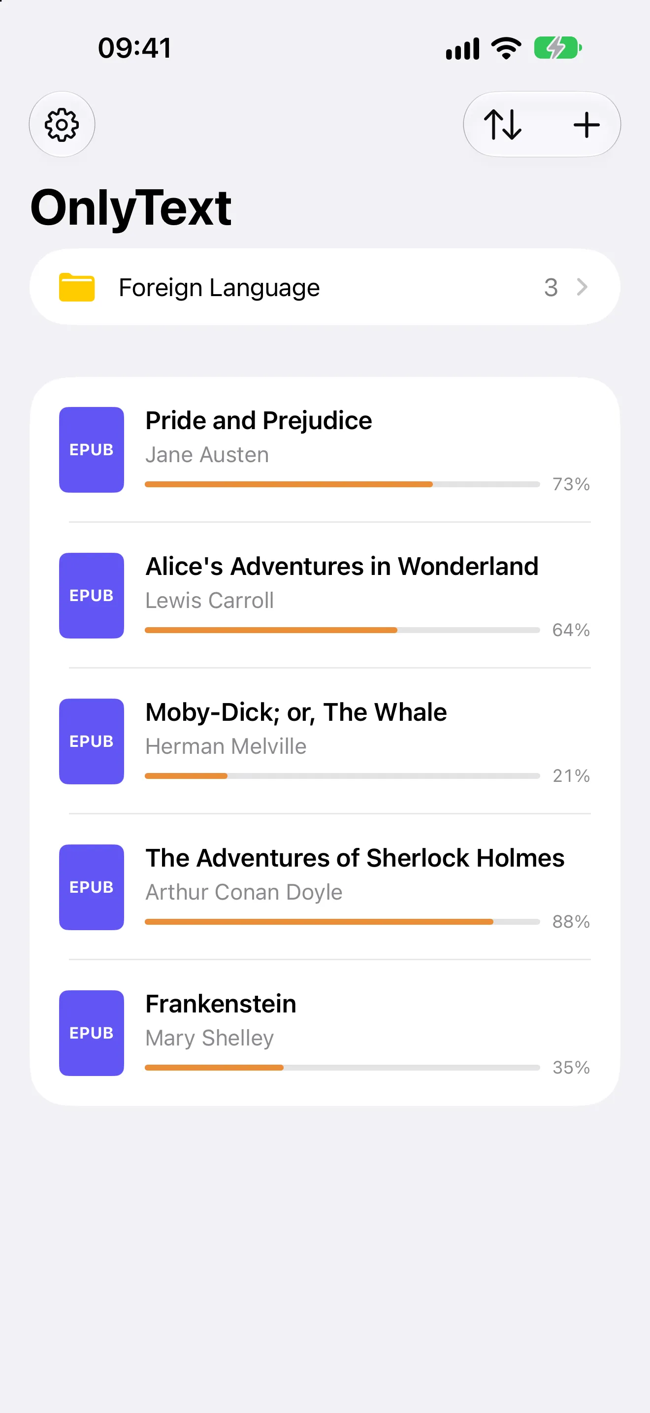 The OnlyText library with a folder and five EPUB books, each with a reading progress bar