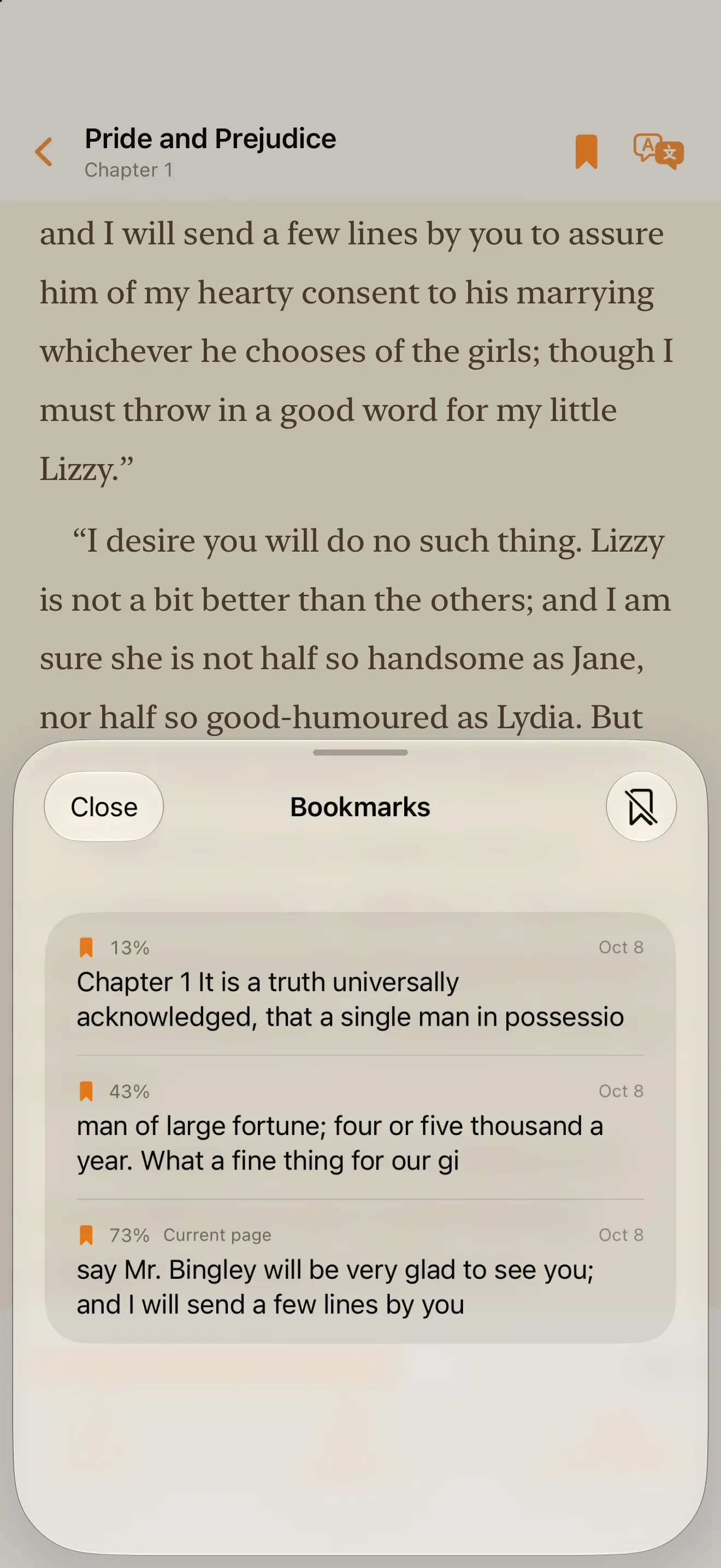 The Bookmarks sheet over a page of Pride and Prejudice, with three saved positions
